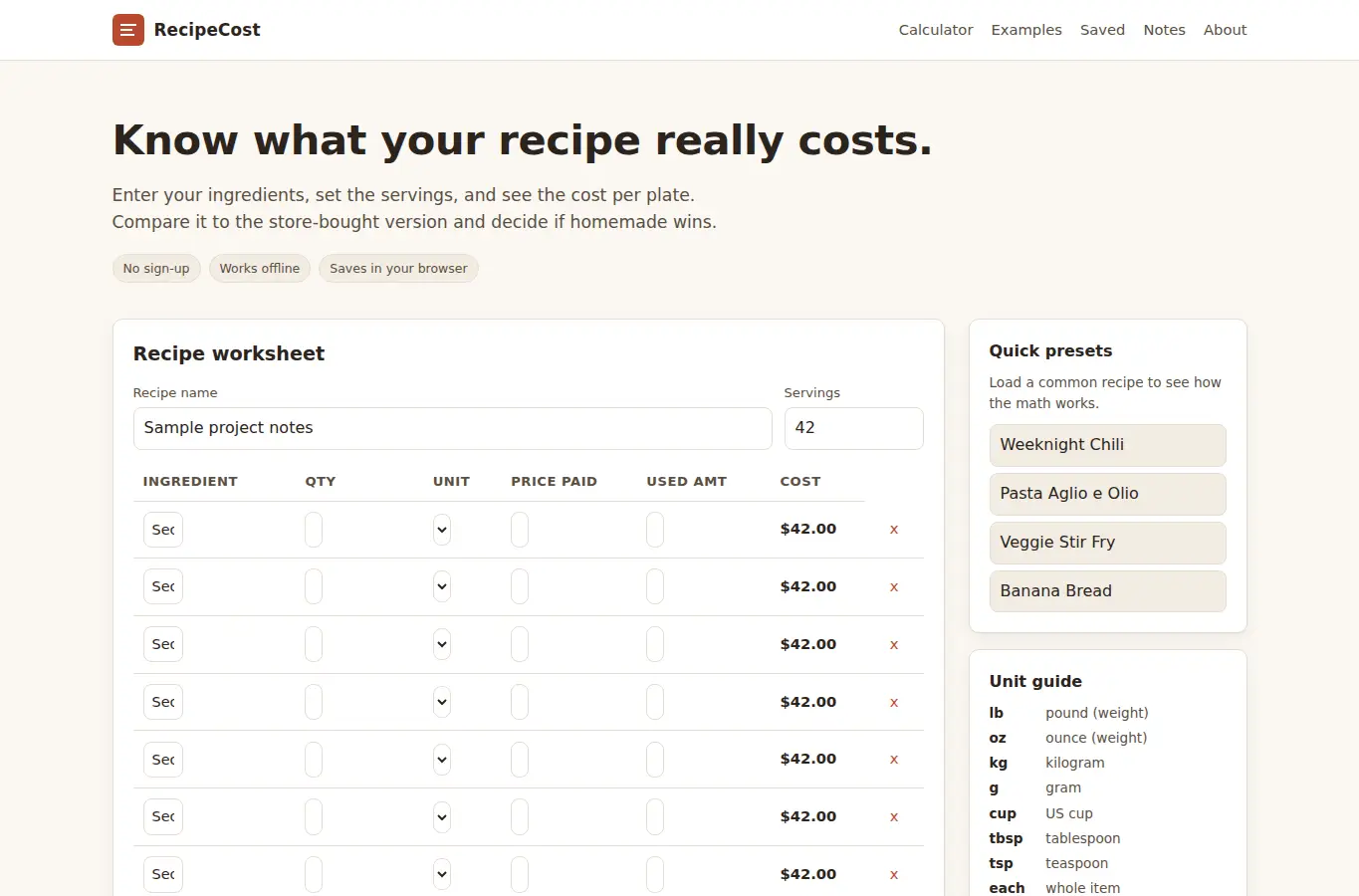 Screenshot of RecipeCost: Ingredient Cost Breakdown Calculator interface showing the project page in use